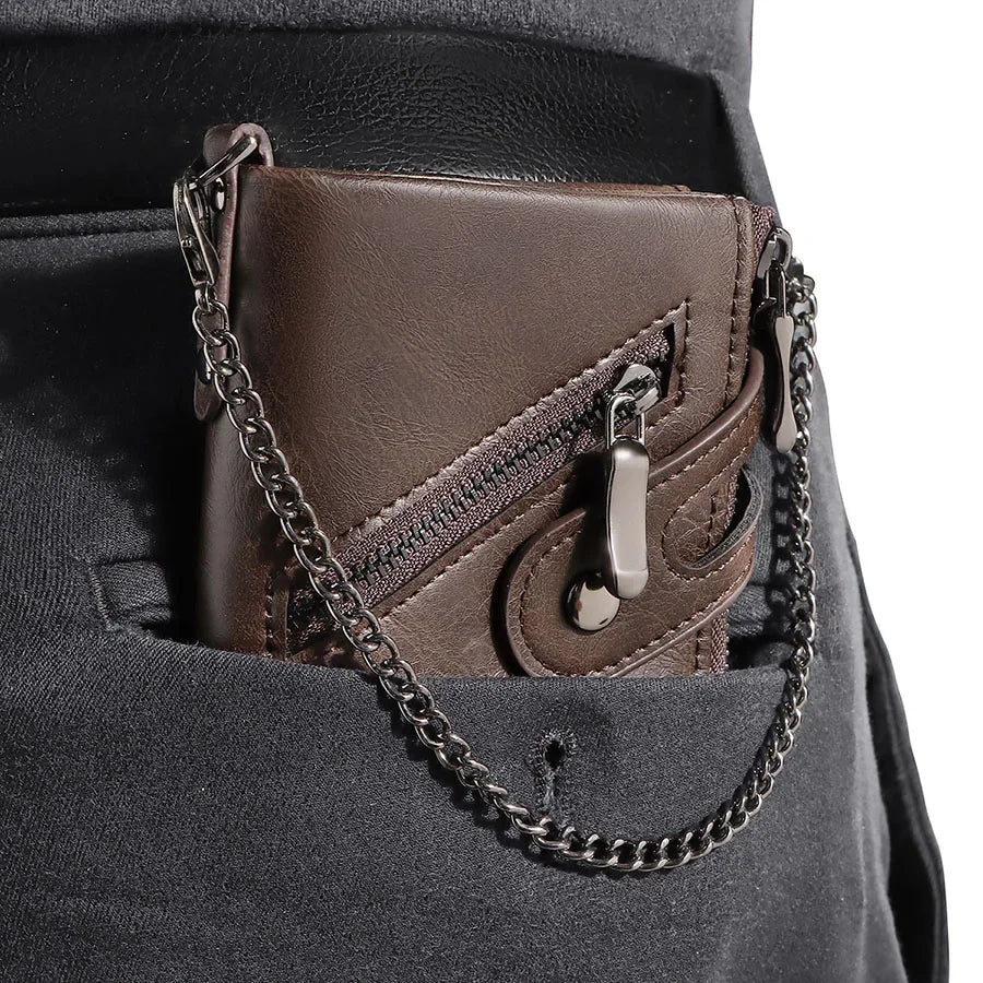 2025 Vintage Classic Retro Men Wallet  with Chain  RFID Anti-Theft Synthetic Leather Double Zipper Coin Purse Credit Card Holder