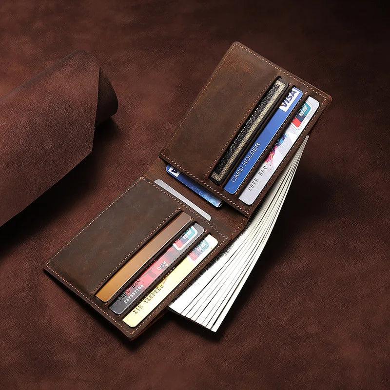 Men's Cowboy Genuine Natural Crazy Horse Leather Bifold Wallet Ultra Slim Vintage Multiple Card Holder Man Purses