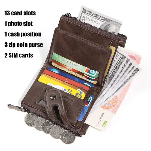 2025 Vintage Classic Retro Men Wallet  with Chain  RFID Anti-Theft Synthetic Leather Double Zipper Coin Purse Credit Card Holder